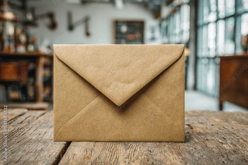 Poster a rustic brown envelope rests on a weathered wooden table in a blurred cafe, suggesting an important