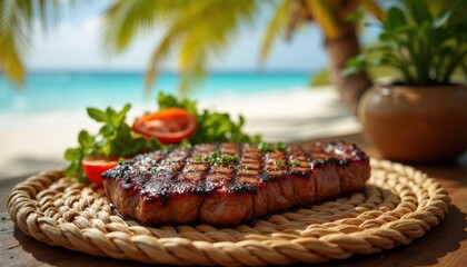Porterhouse steak placed on woven straw mat in tropical beachside hut surrounded by palm trees