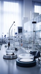 A modern laboratory setting with sleek equipment, including a digital scale, beakers, and flasks, bathed in soft natural light streaming through large windows