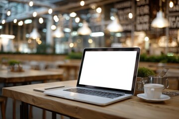 Laptop with a blank screen on a wooden table in a cozy cafe, perfect for remote work or online meetings, with a cup of coffee and warm lighting adding to the ambiance.
