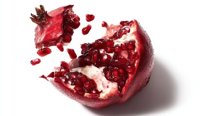 A vibrant pomegranate split open, revealing juicy red arils spilling out against a clean white background, showcasing its freshness and natural beauty