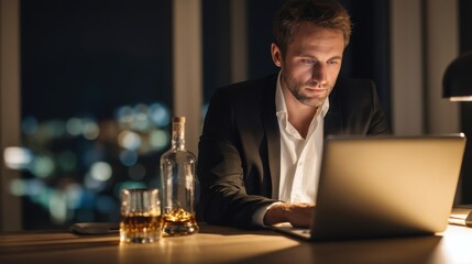A man in a suit works late into the night at his desk, illuminated by warm light, with a bottle of whiskey and a glass nearby