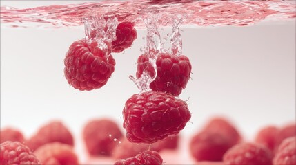Fresh raspberries are captured mid-dive into water, creating a burst of bubbles and vibrant splashes against a clean background