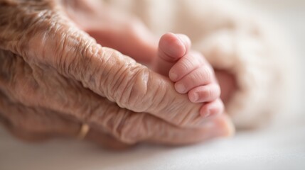 An elderly hand gently holding a baby's tiny fingers, symbolizing the bond between generations