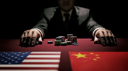 A man in a suit sits at a poker table with U.S. and Chinese flags, symbolizing geopolitical tension or strategic negotiations