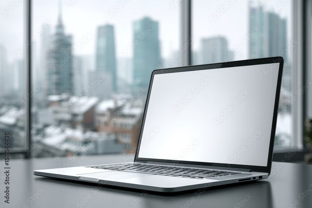 Aufkleber laptop with a blank screen on a desk in an office, with a city view in the background creating a mod
