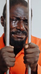 A prisoner in an orange jumpsuit grips jail cell bars tightly, symbolizing confinement, justice, and the stark reality of incarceration and isolation