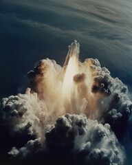A powerful rocket launches into the sky, leaving a trail of fiery exhaust and billowing smoke against a dark, swirling atmosphere