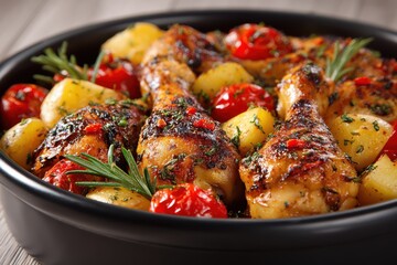 A hearty dish of roasted chicken drumsticks, potatoes, and cherry tomatoes, seasoned with herbs and spices, served in a black bowl
