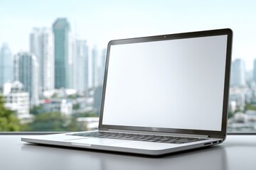 Fototapeta premium Modern laptop with a blank white screen against a blurred city skyline background provides space for design, advertising, and presentation.
