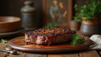 Sliced steak resting on rustic wooden platter in cozy farmhouse kitchen