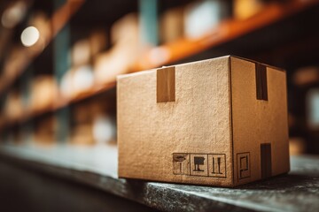 A close-up of a cardboard box sitting on a shelf in a warehouse environment, ready for shipment and efficient logistics management, ensuring timely delivery.