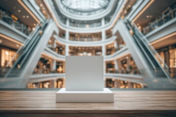 Obraz premium A modern shopping mall interior with escalators and a blank white display stand, providing a potential promotional space and emphasizing consumerism and retail environment.
