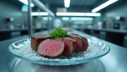 Flank steak on glass plate in futuristic space station kitchen lit by soft blue LED lighting