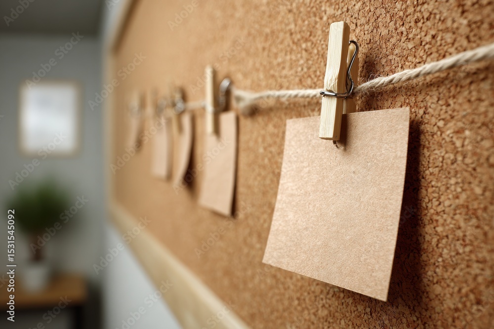 Poster a close-up view of a corkboard with a rope and clothespins holding paper notes, showing a blurred in