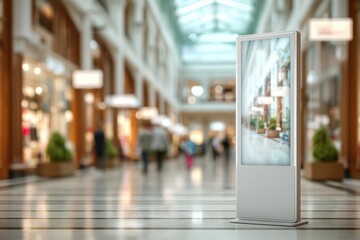 Obraz premium Modern digital signage at a luxurious shopping mall, showcasing current promotions and information, blending seamlessly with the elegant interior design.