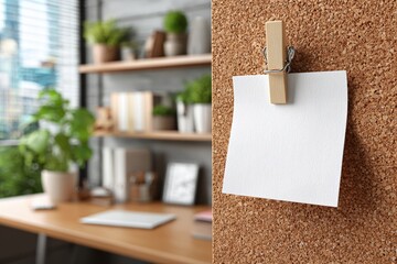 Close-up of a blank note pinned to corkboard, with blurred office backdrop, perfect for presentations, design layouts, or workspace visuals with wooden clip.