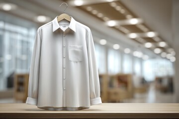 A crisp white dress shirt hanging on a wooden hanger, set against a softly blurred background, creating a professional and clean image perfect for showcasing apparel.