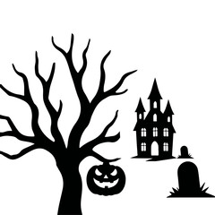 Spooky Halloween Silhouettes: Haunted House, Jack-o'-Lantern & Tree. 