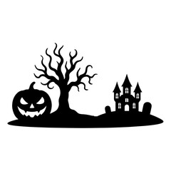 Spooky Halloween Silhouettes: Haunted House, Jack-o'-Lantern & Tree. 