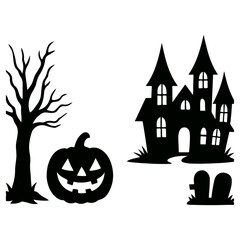 Spooky Halloween Silhouettes: Haunted House, Jack-o'-Lantern & Tree. 
