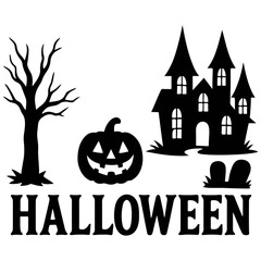 Spooky Halloween Silhouettes: Haunted House, Jack-o'-Lantern & Tree. 