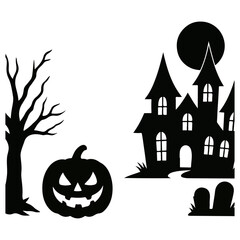 Spooky Halloween Silhouettes: Haunted House, Jack-o'-Lantern & Tree. 