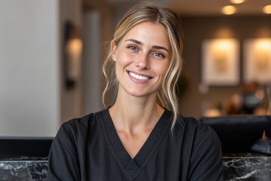 Portrait of a cheerful female nurse wearing black scrubs, smiling confidently at the camera. Healthcare professional with a warm and friendly personality captured indoors.