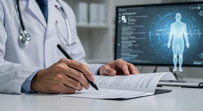 Doctor in white coat writing on medical form near digital human anatomy screen