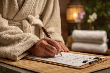 Close up of a person filling out a form with a pen while wearing a bathrobe, sitting at a spa or wellness center filling the required personal information.