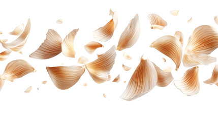 Obraz premium Flying 3D garlic cloves with natural skin texture isolated on white background 