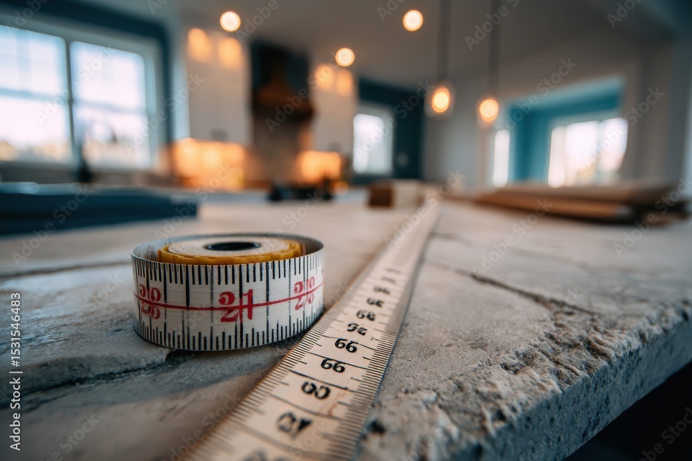 Poster close-up of measuring tape and retractable tape measure on a stone countertop, showcasing precision 