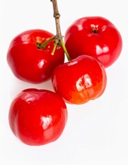 Acerolas on Isolated White Background – Bright Red Cherry-Like Berries with Natural Lighting and Macro Detail