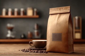 An inviting composition featuring a bag of freshly roasted coffee beans, cup of coffee, and coffee beans scattered on a rustic wooden surface, adding a warm, cozy ambiance.