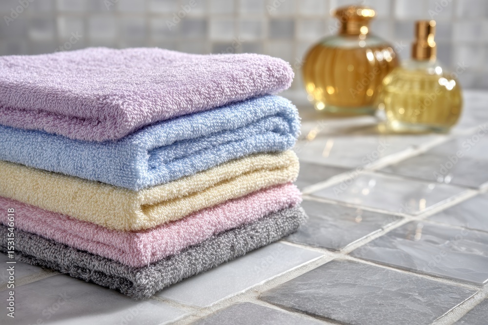 Poster a stack of soft, pastel-colored towels sits neatly on a tiled surface, accompanied by elegant perfum