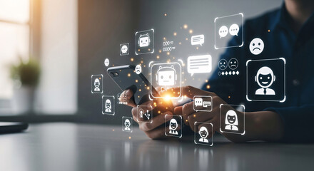 Close-up of hands using a smartphone with an overlay of digital icons, representing social interaction. This photograph embodies modern communication.