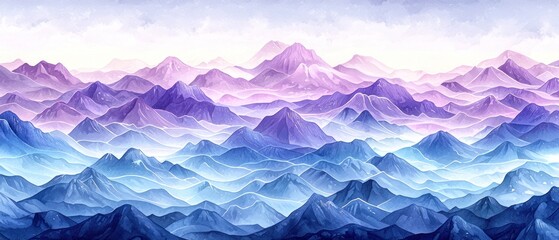 A stylized panoramic view of a vast mountain range, rendered in a gradient of purples, blues, and lighter hues, creating a dreamlike, ethereal atmosphere