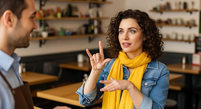 Deaf person ordering coffee using sign language at a café - Powered by Adobe