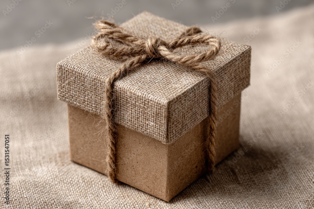 Poster a close-up of a charming gift box wrapped with burlap and tied with rustic twine, exuding a natural 
