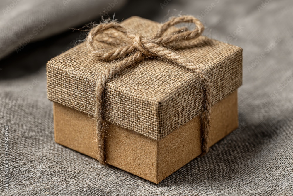 Aufkleber elegant gift box with burlap wrapping and rustic twine bow on textured fabric, perfectly capturing a