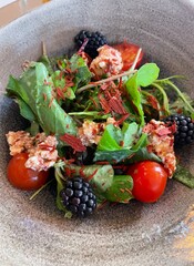 fresh vegetables and fruits tomato blackberries fish ruccola 