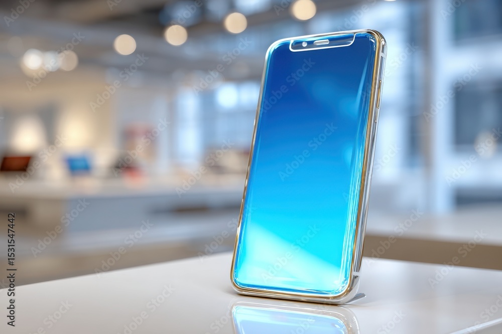 Poster close-up shot of a smartphone with a vibrant blue screen displayed on a white table in a modern stor
