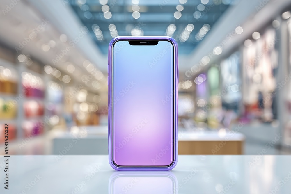 Poster a modern smartphone with a gradient screen is displayed on a marble table, set against a blurred bac