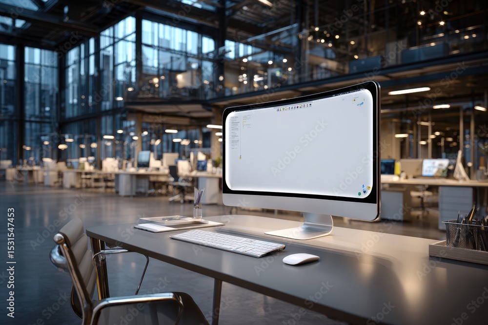 Poster modern office workspace with a clean desk setup, featuring a large monitor with a blank screen, keyb