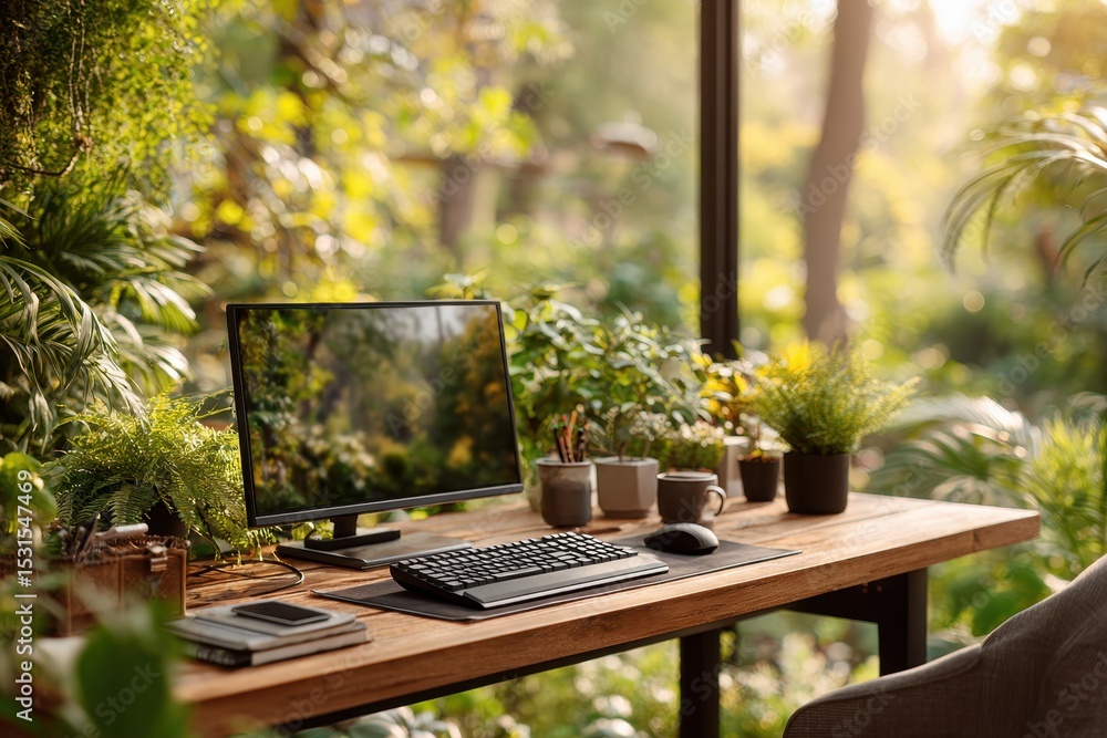 Poster a serene workspace with a computer setup surrounded by lush greenery, promoting a calm and productiv