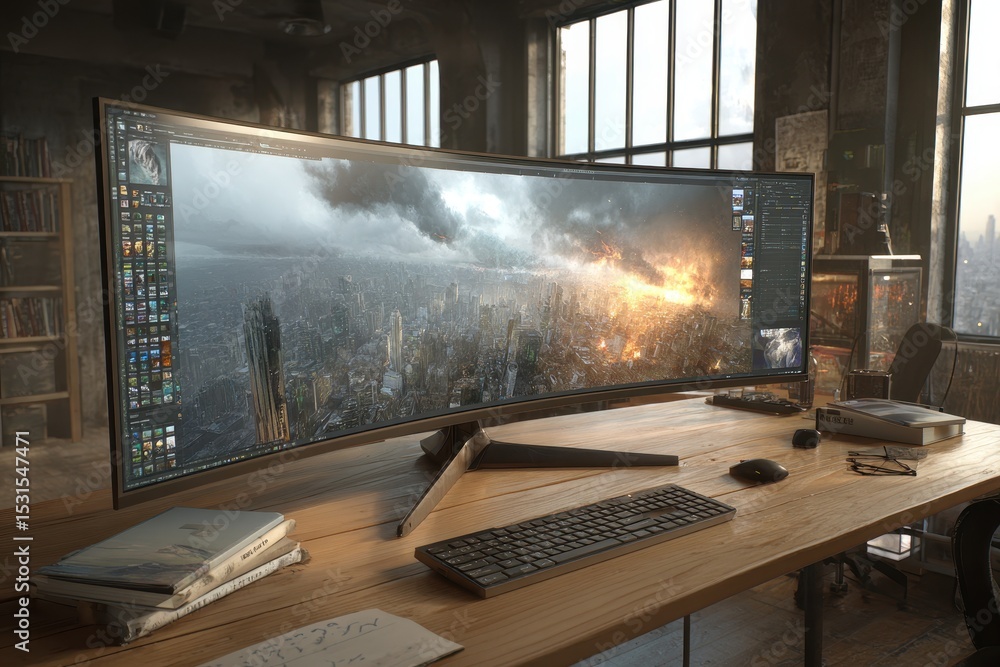 Aufkleber a high-resolution curved monitor displaying a post-apocalyptic cityscape, a digital rendering, in a 