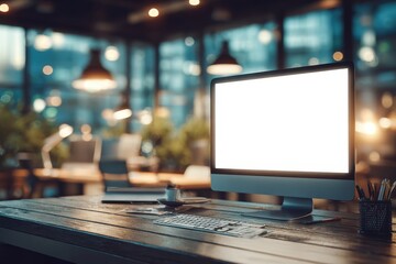 Fototapeta premium An office space with a modern computer with a blank white screen on a wooden desk, illuminated by warm lamps, in a contemporary work environment.