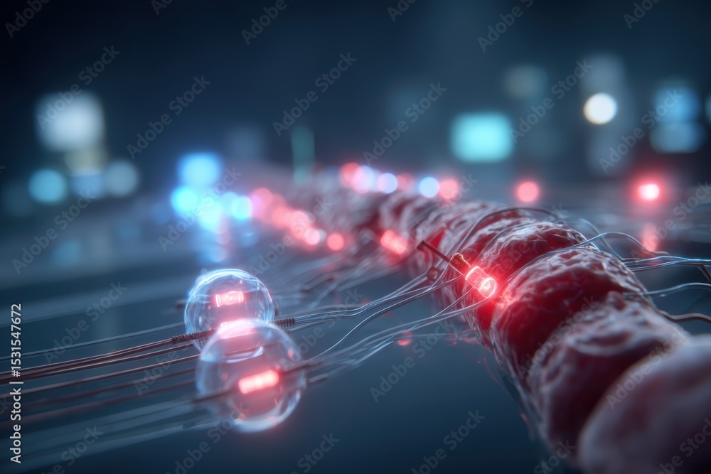 Poster a striking macro image of a neural network with glowing nodes and interconnected pathways, represent