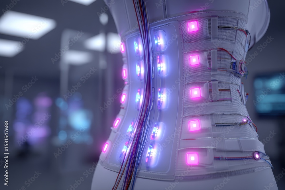 Poster a technologically advanced futuristic corset with glowing elements and wires, suggesting high-tech f
