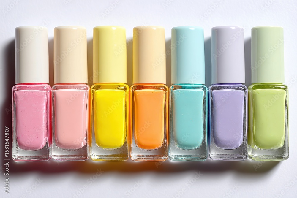 Aufkleber a colorful array of nail polish bottles in a row, displaying a vibrant spectrum of pastel shades and